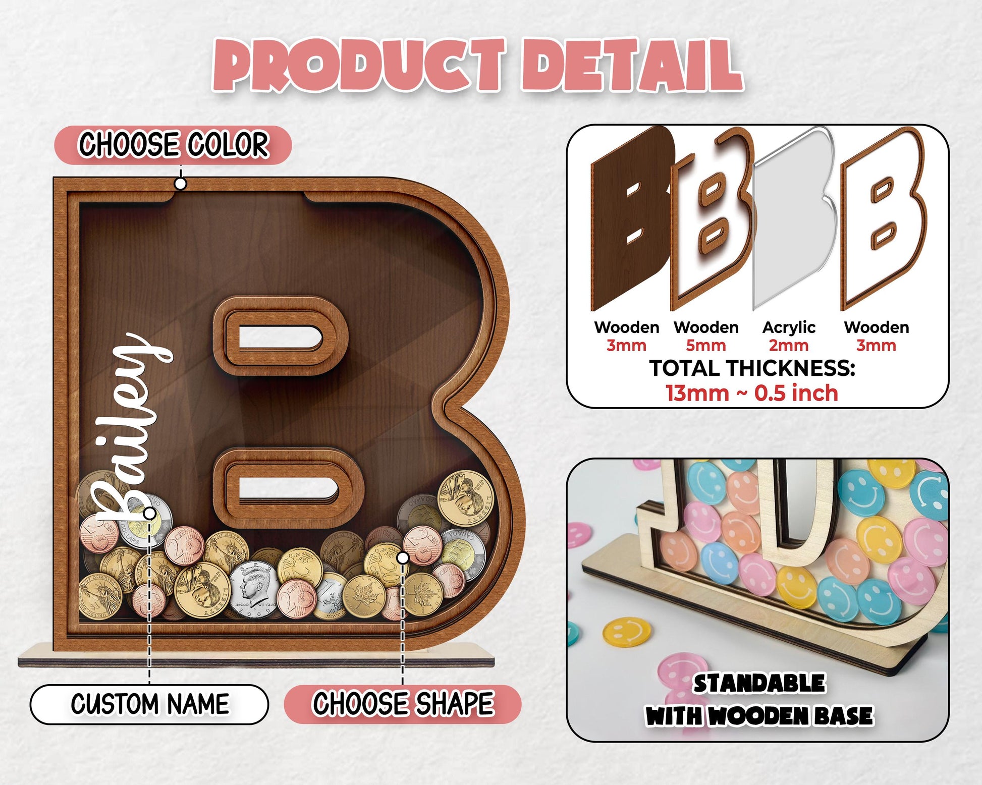 Personalized Large Wooden Kids Letter Piggy Bank, Wood Gift For Kids, Custom Name Coin Bank, Wood Alphabet Letter Bank Money Box Birthday