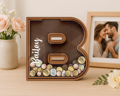 Personalized Large Wooden Kids Letter Piggy Bank, Wood Gift For Kids, Custom Name Coin Bank, Wood Alphabet Letter Bank Money Box Birthday