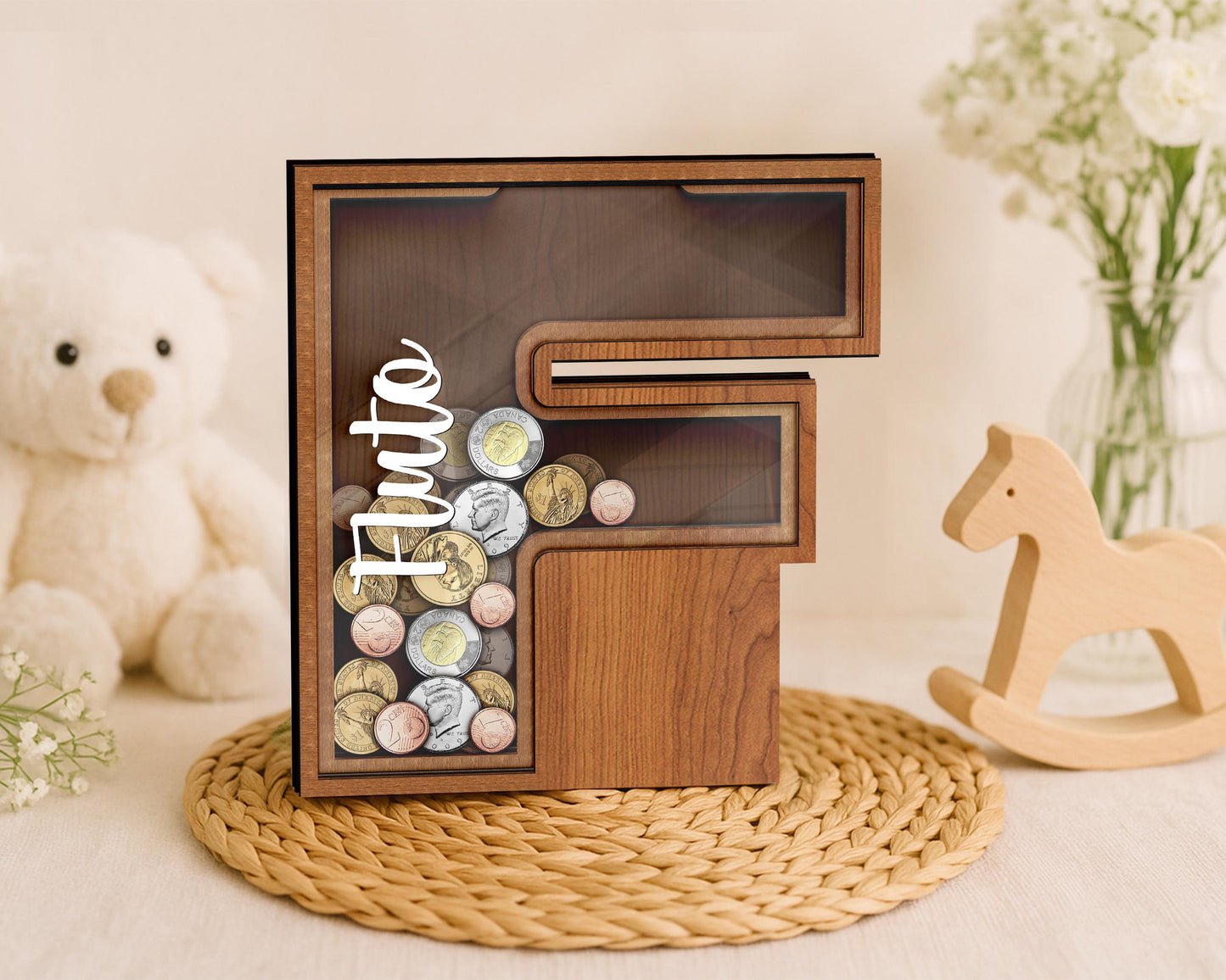 Personalized Large Wooden Kids Letter Piggy Bank, Wood Gift For Kids, Custom Name Coin Bank, Wood Alphabet Letter Bank Money Box Birthday