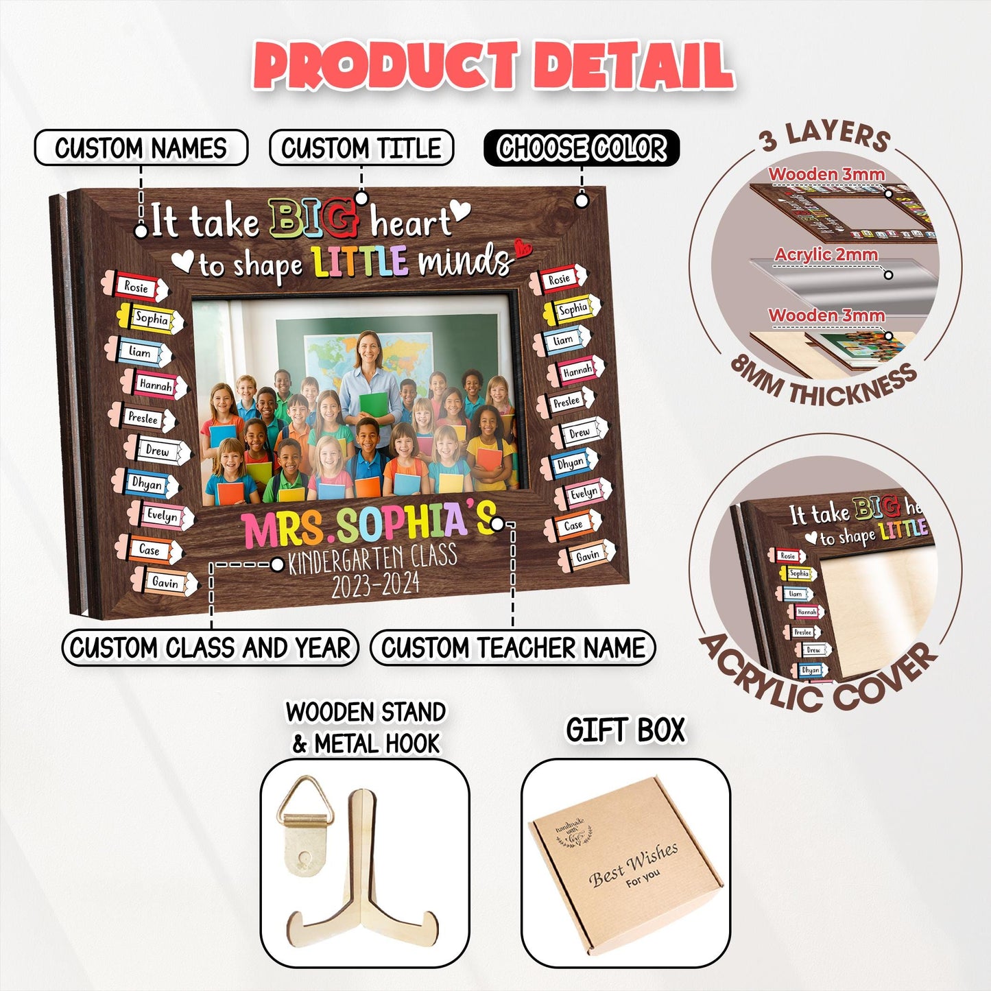 CustomTeacher Class Photo Frame,Teacher Appreciation Gift,It takes a Big Heart to Shape Little Minds,Picture Frame,Teacher Gift fromStudent