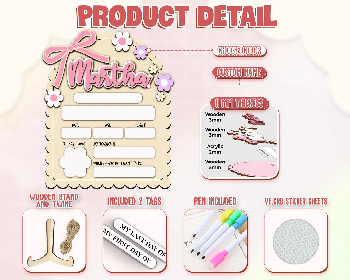 Personalized First Day School Sign,Back to School Sign,Kindergarten 1st Day of School Sign Reusable,Last Day of School Board,Preschool Kid