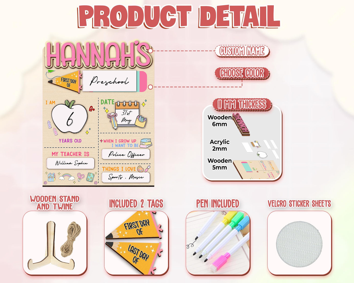 Custom First And Last Day School Sign,Back to School Sign,Preschool,Kindergarten 1st Day of School,Interchangable First Day Of School Board