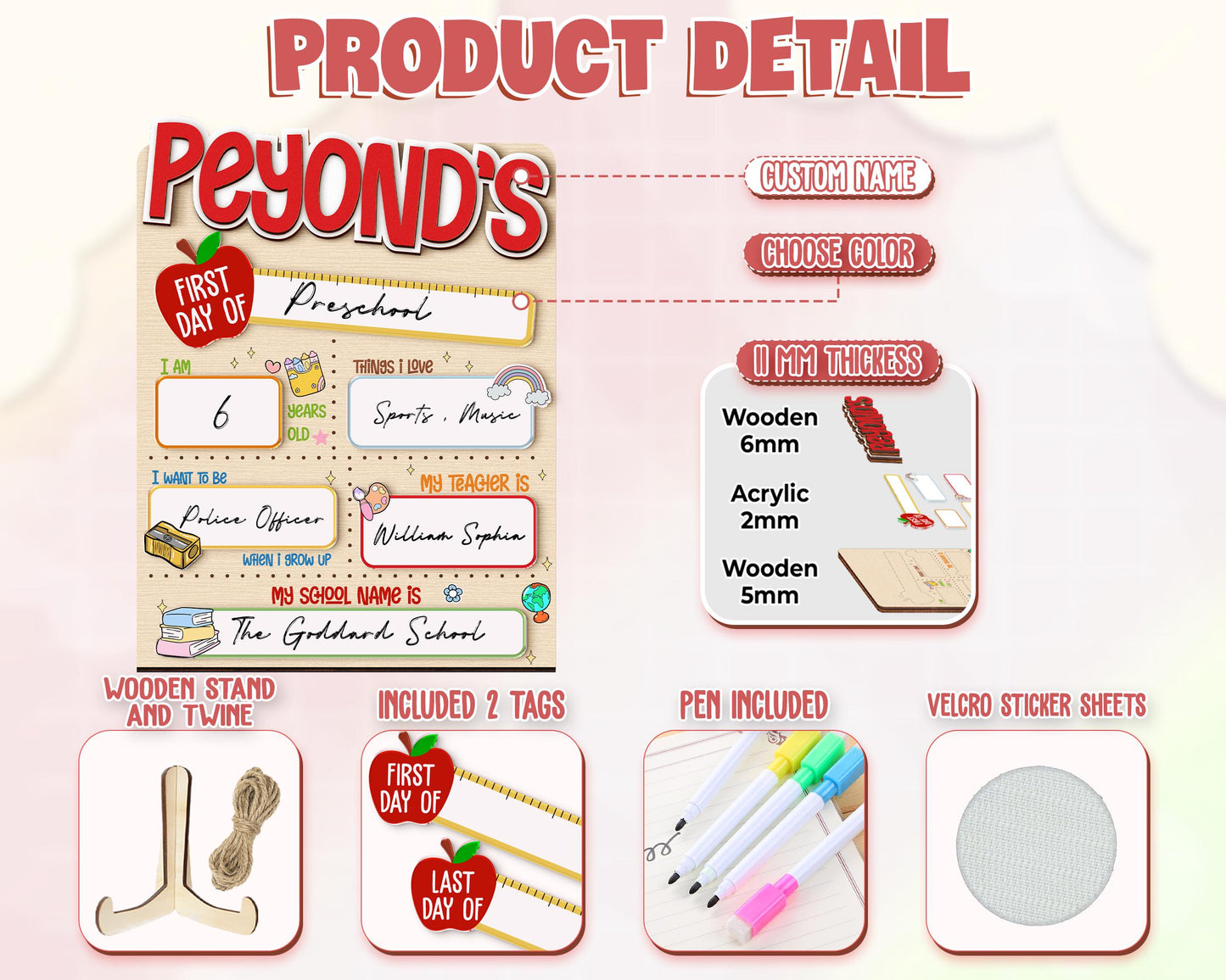 Custom First & Last Day School Sign,Back to School Board,Kindergarten 1st Day of School Dry Erase,First Day Wooden School Sign,Photo Prop