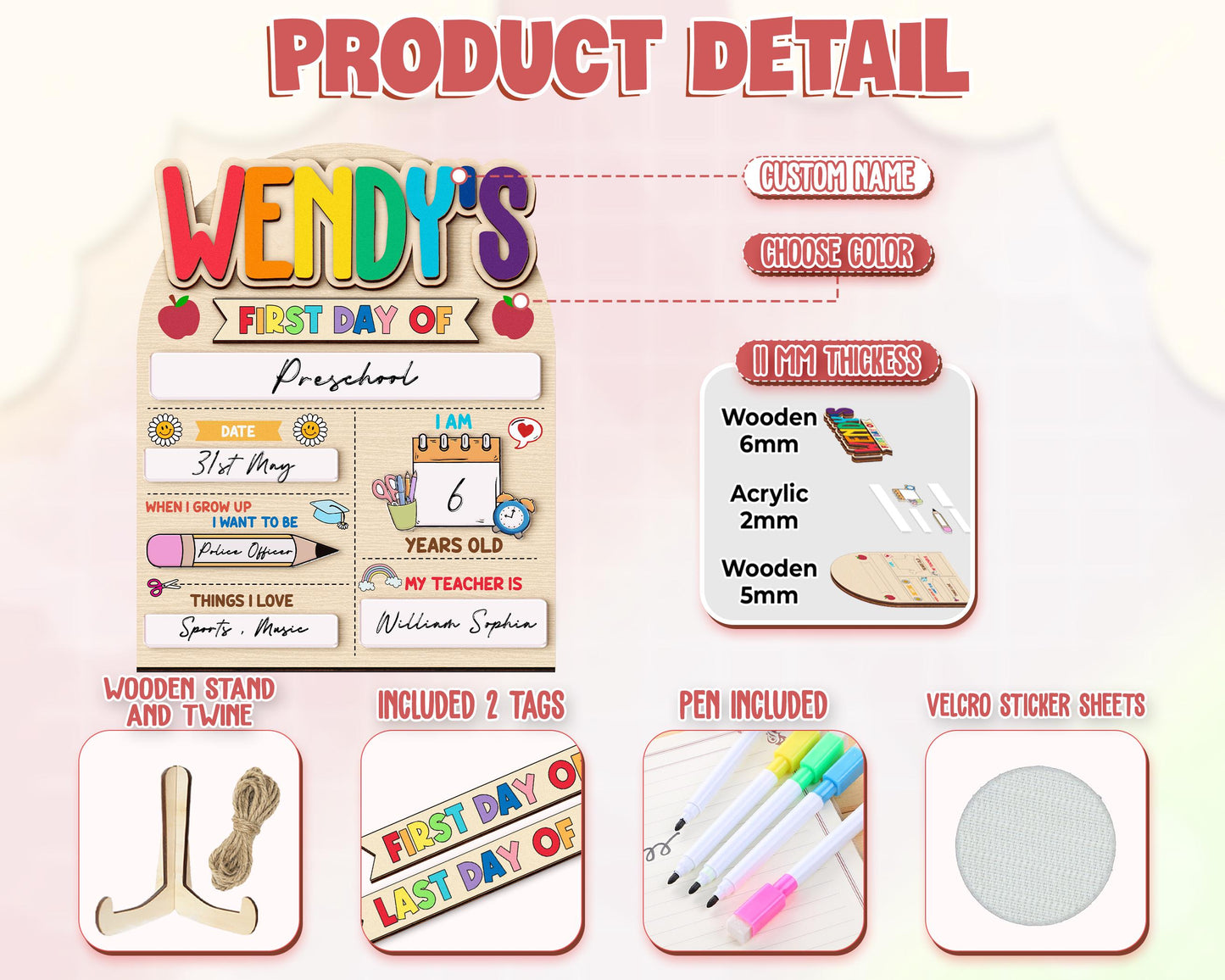 Custom First And Last Day School Sign,Preschool Back To School Dry Erase Sign,Kindergarten 1st Day of School,First Day School,School Board