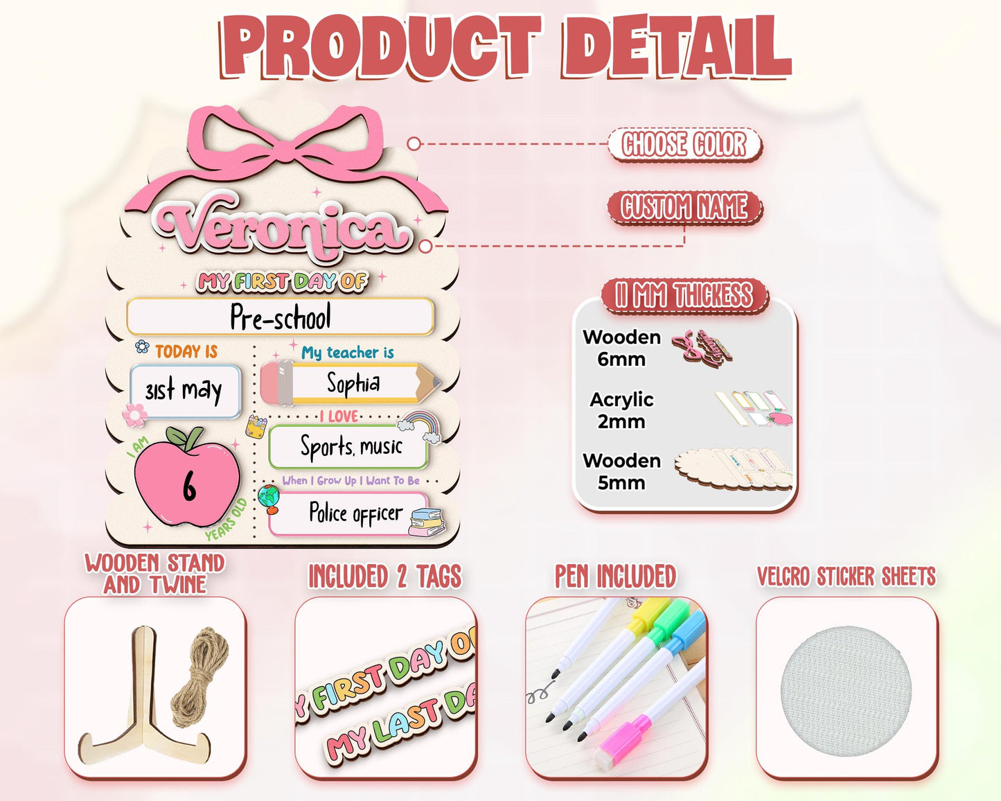 Personalized First Day School Sign,Back to School,Preschool,Kindergarten 1st Day of School Sign Reusable,First Day of School Board,Name Sign