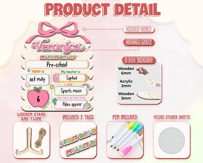 Personalized First Day School Sign,Back to School,Preschool,Kindergarten 1st Day of School Sign Reusable,First Day of School Board,Name Sign