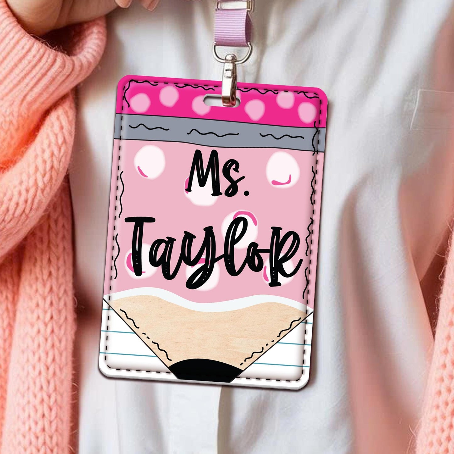 Personalized Teacher Name ID Badge Holder, Custom Teacher Badge Holder, Teacher Badge Reel, Pencil Style Badge Holder for Teachers Educators