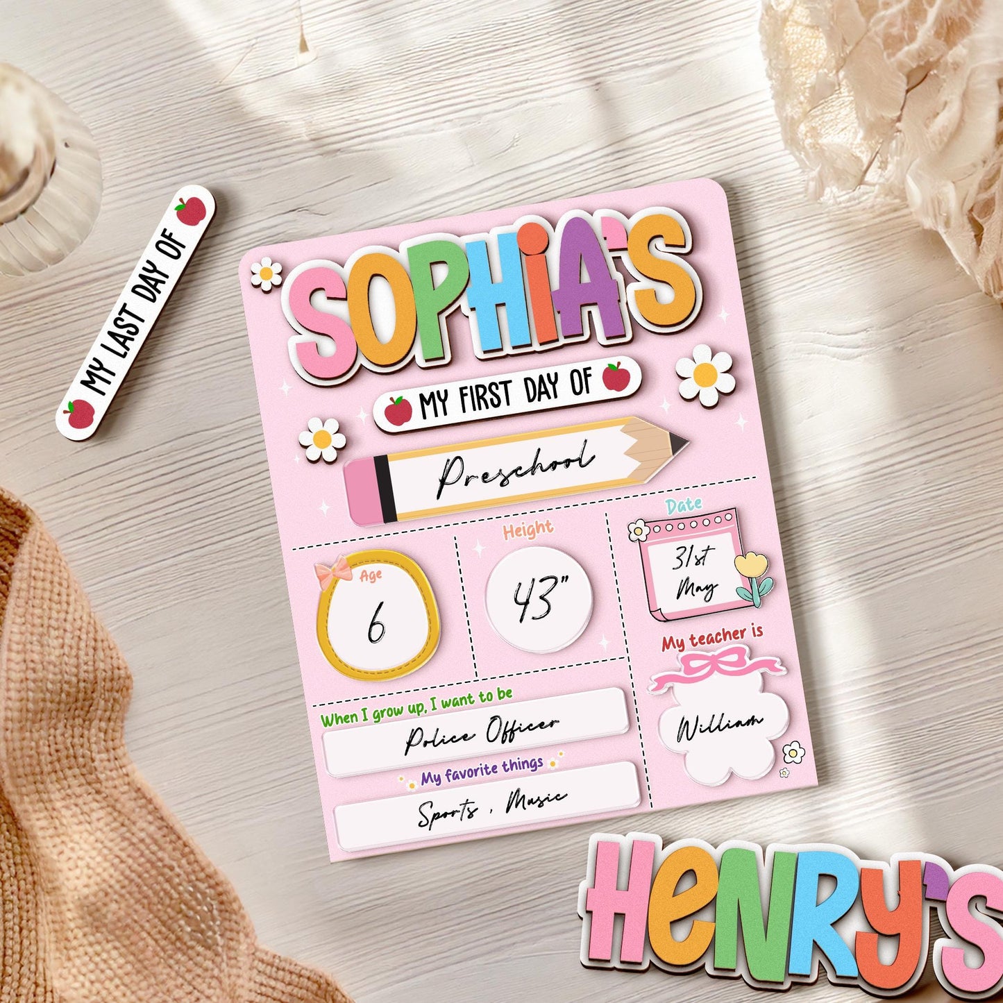 Custom First Day Of School Sign, Last Day of School Sign, Custom Name Sign, Preschool Back To School Dry Erase Sign, 1st Day of School Board