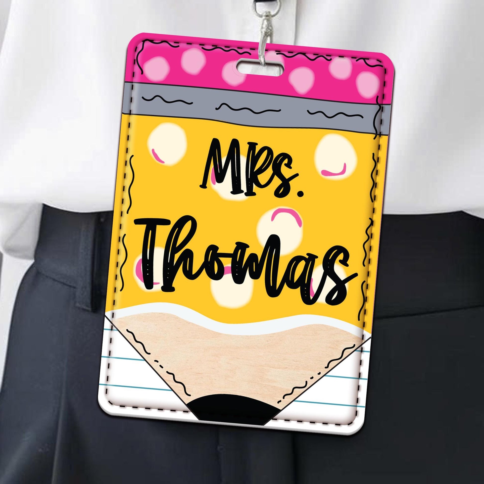 Personalized Teacher Name ID Badge Holder, Custom Teacher Badge Holder, Teacher Badge Reel, Pencil Style Badge Holder for Teachers Educators