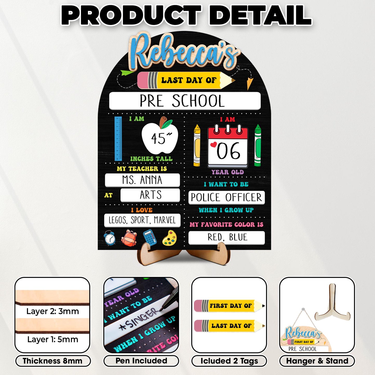 First Day Of School Sign,Back to School Board,Kindergarten 1st Day of School  Reusable Sign,Last Day of School,Photo Prop,First Day of Pre K