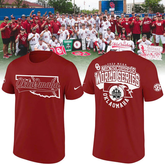 Exclusive Oklahoma Sooners 2026 Baseball College World Series "OKLAOMAHA" T-Shirt.