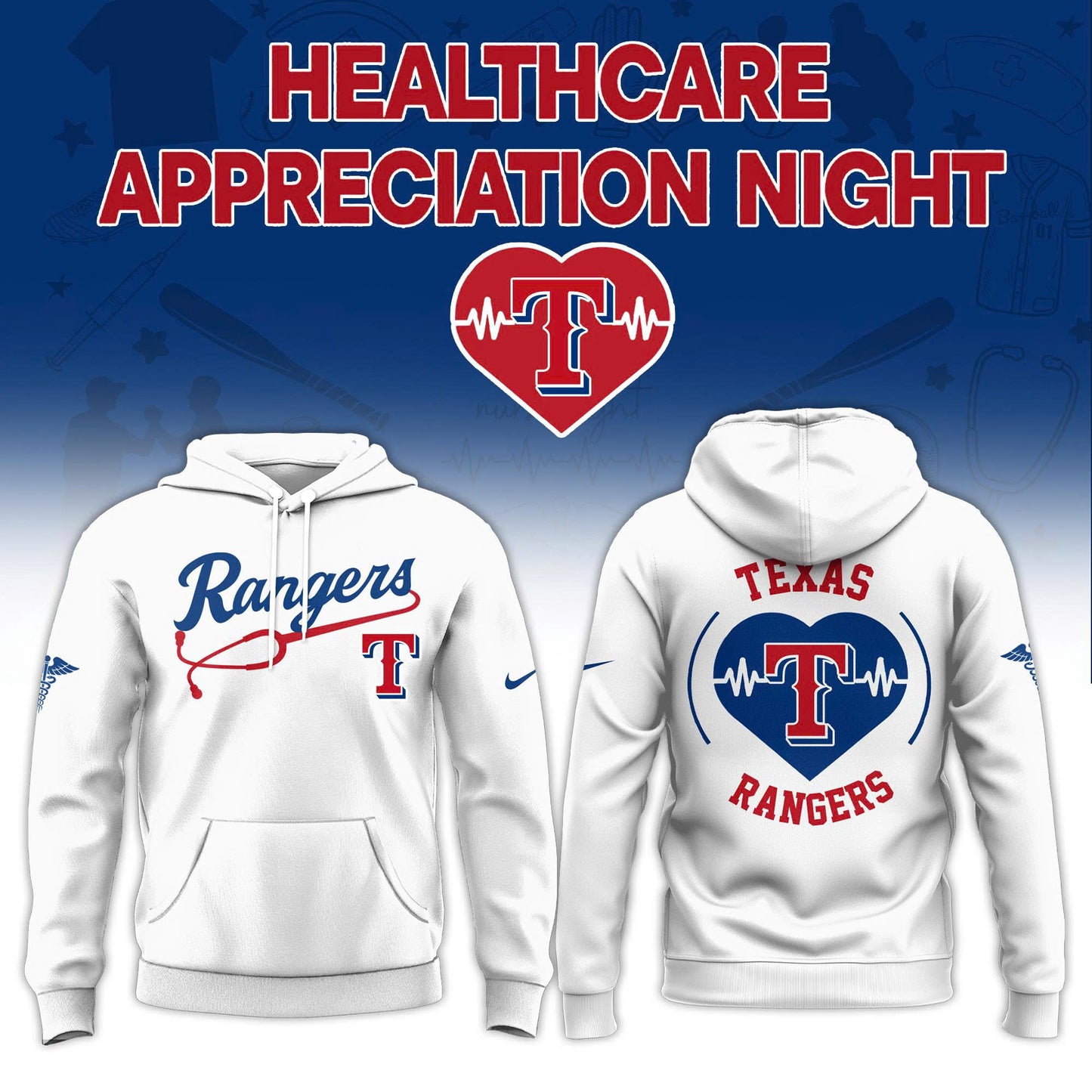 2026 Texas Rangers Healthcare Appreciation Night Limited Edition Hoodie Jogger And Cap Outfit White